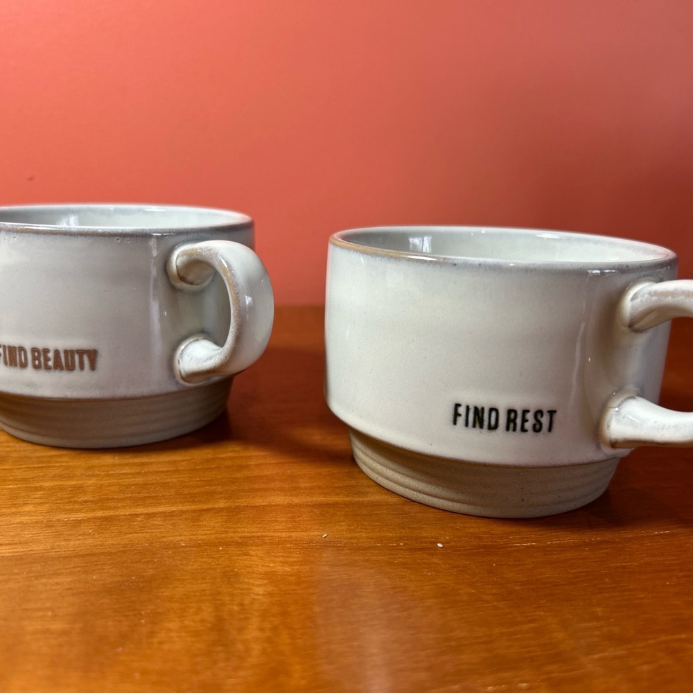 Hearth and Home Magnolia Joanna Gaines Find Beauty and Find Rest stoneware Mugs